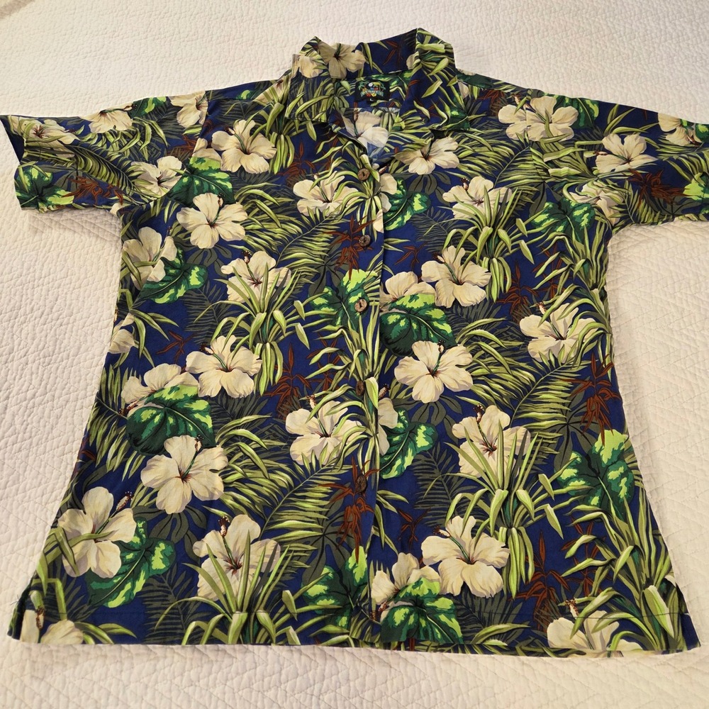Benny's Mens Large Hawaiian Aloha Shirt Blue Tropical Hibiscus Floral‎ Print L